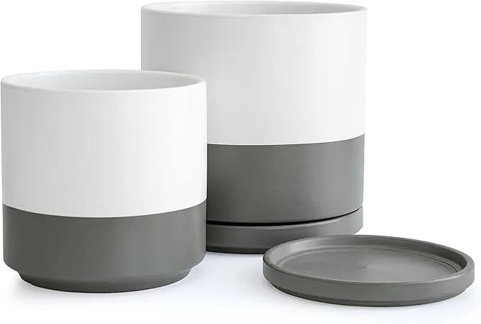 D'vine Dev 8 Inch & 10 Inch Ceramic Planter Pot for Plants with Drainage Hole and Saucer, Large Plant Pots Set, White/Speckled Grey, 94-G-L-6 by GreenHaven Gardens