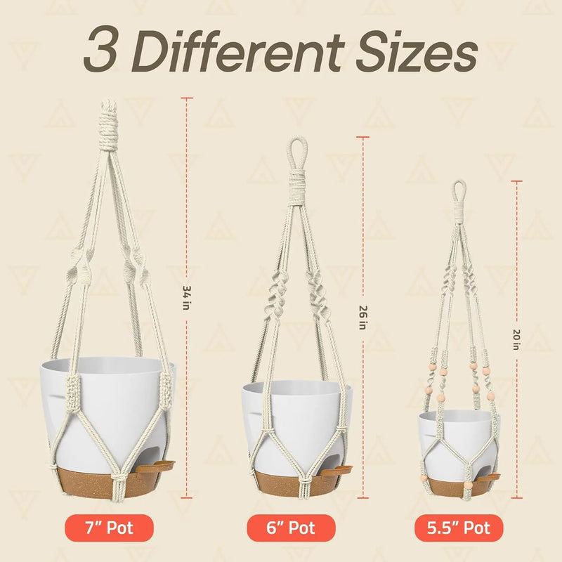 White Hanging Self Watering Pots with Macrame Ivory Rope, 3 Pack Indoor & Outdoor Hanging Plant Pots with Built-in Reservoir, Wick Rope, Drainage Holes & Hooks, Stylish Boho Decor Hanging Planter by GreenHaven Gardens