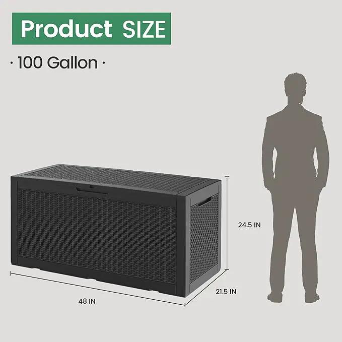 100 Gallon Storage Box, Waterproof Resin Deck Box with Hydraulic Piston Design, Lockable Storage Bench for Package Delivery, Storage Bin for Patio Cushions, Garden Tools, Black by GreenHaven Gardens