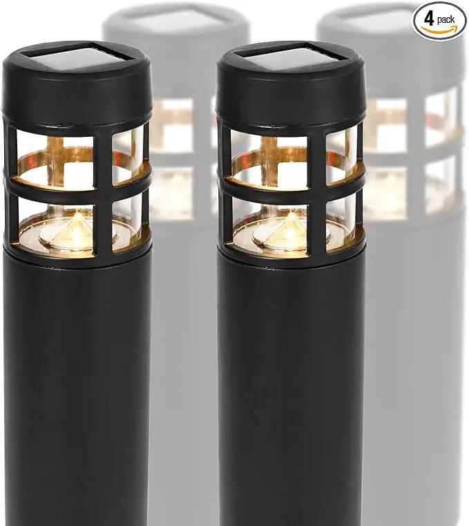 TECHKO Solar Mini-Bollard Cylinder Pathway Lights – 4-Pack, Dusk-to-Dawn, Weather-Resistant Outdoor LED Lighting by GreenHaven Gardens