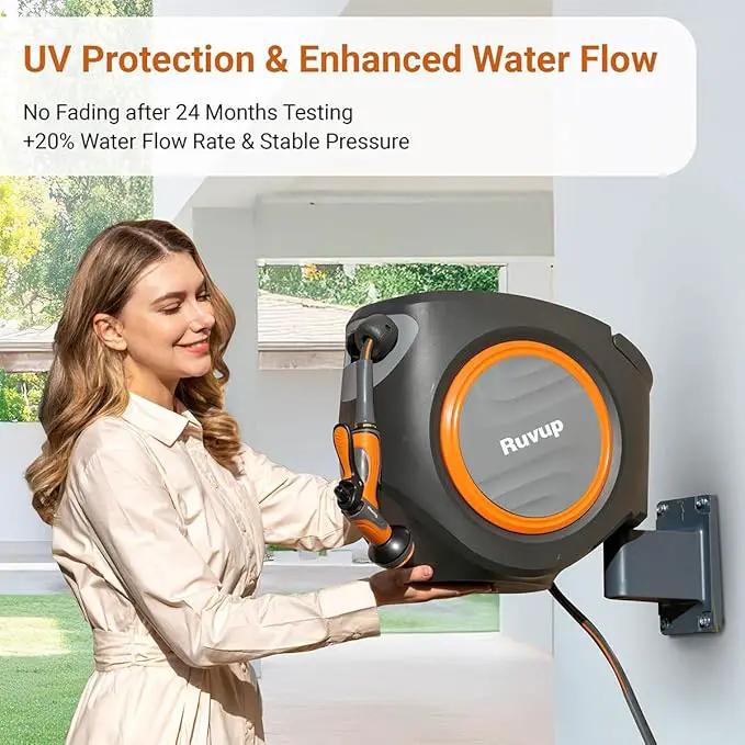 Ruvup Retractable Garden Hose Reel,1/2in x 150ft Water Hose Reel with Metal Bracket, UV Resistant Automatic Hose Reel Wall Mount for Outside, Slow Retraction Any Length Lock 10 Spray Nozzle by GreenHaven Gardens