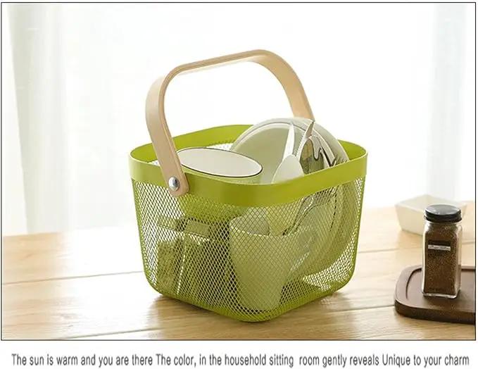 Metal Mesh Steel Basket, Storage Organizer Basket Multi-functional Hanging Kitchen Baskets Fruit Basket with Wooden Handle for Kitchen Bathroom Picnic Shopping Decor Cabinet Home, Macaron Green by GreenHaven Gardens