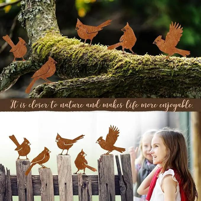 5PCS Rusty Birds Decoration, Fence Decorations Outdoor, Metal Birds Yard Decor Perfect Yard Art and Large Outdoor Ornaments, Cardinal Gifts by GreenHaven Gardens