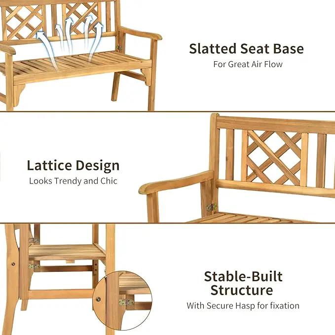 Tangkula Folding Outdoor Wood Garden Bench, Foldable Acacia Wood Patio Bench with Wide Curved Armrest & Backrest, Outside 2-Person Loveseat Chair for Entryway, Yard, Deck, Balcony & Park by GreenHaven Gardens