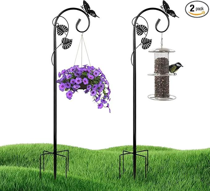 Shepherds Hooks for Outdoor Hummingbird Bird Feeder Pole Hanger 49 Inches with 5 Prongs Base Stainless Metal Adjustable Garden Hanging Holder Weddings Garden Decor Butterfly 2-Pack by GreenHaven Gardens