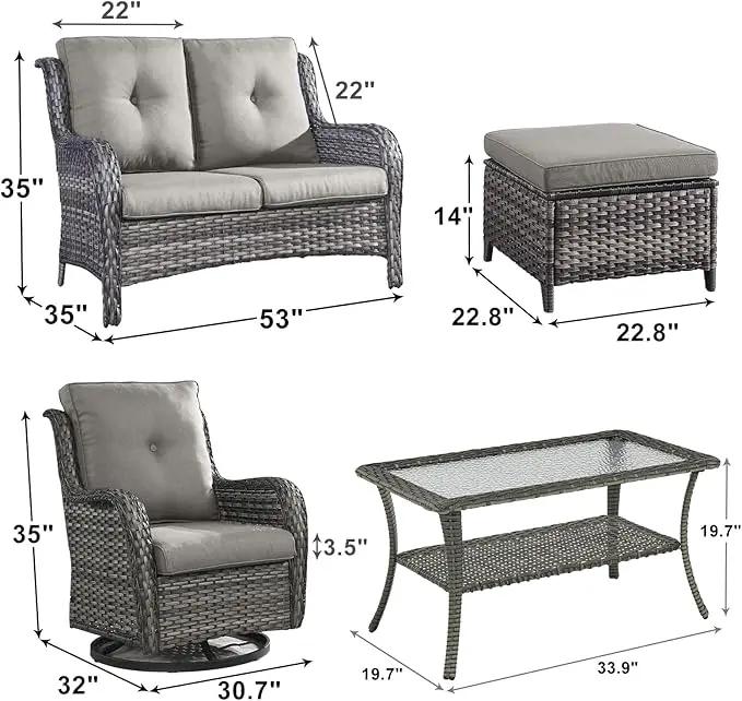 Outdoor Wicker Patio Furniture Set - 6 Piece Rattan Patio Conversation Set with 2 Rocking Swivel Chairs,2 Ottomans,1 Loveseat and 1 Coffee Table for Porch Deck Backyard Garden(Mixed Grey/Grey) by GreenHaven Gardens