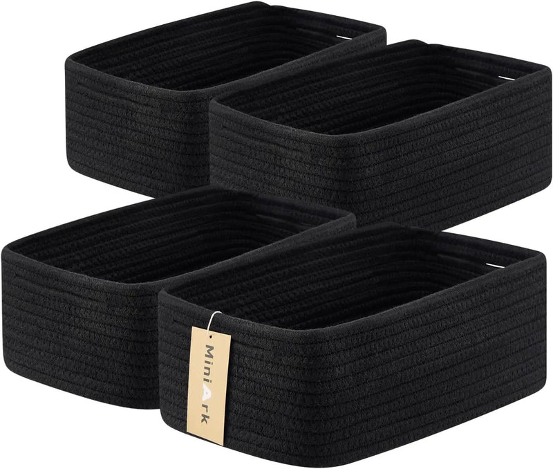 Small Storage Baskets for Organizing | Closet Organizer Bins | Shelf Toy Basket | Woven Rope Baskets | Cube Decorative Box | Shallow Basket | 13x8.5x5.1” | 4 Packs Black by GreenHaven Gardens