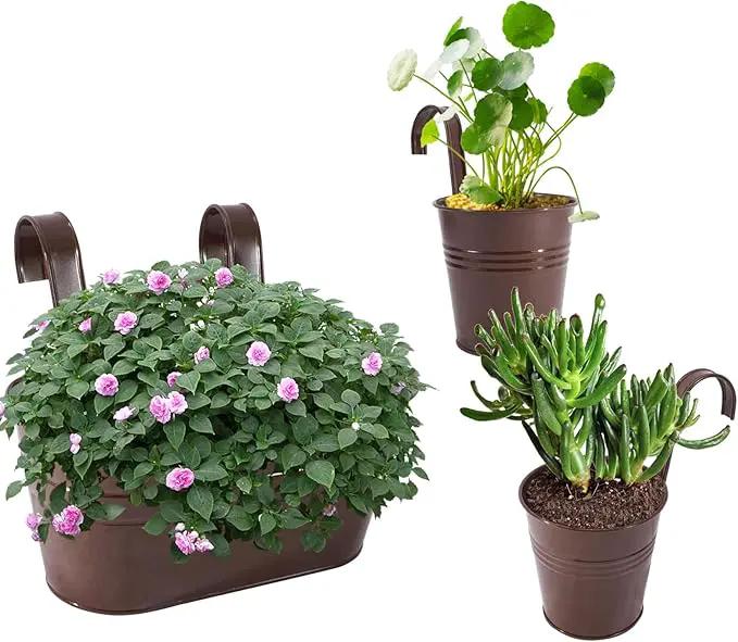 Metal Iron Flower Pots for Railing Fence Hanging Bucket Pots(5 Pcs) and Hanging Flower Pots Metal Iron Bucket Planter(10 Pcs) (Bronze) by GreenHaven Gardens