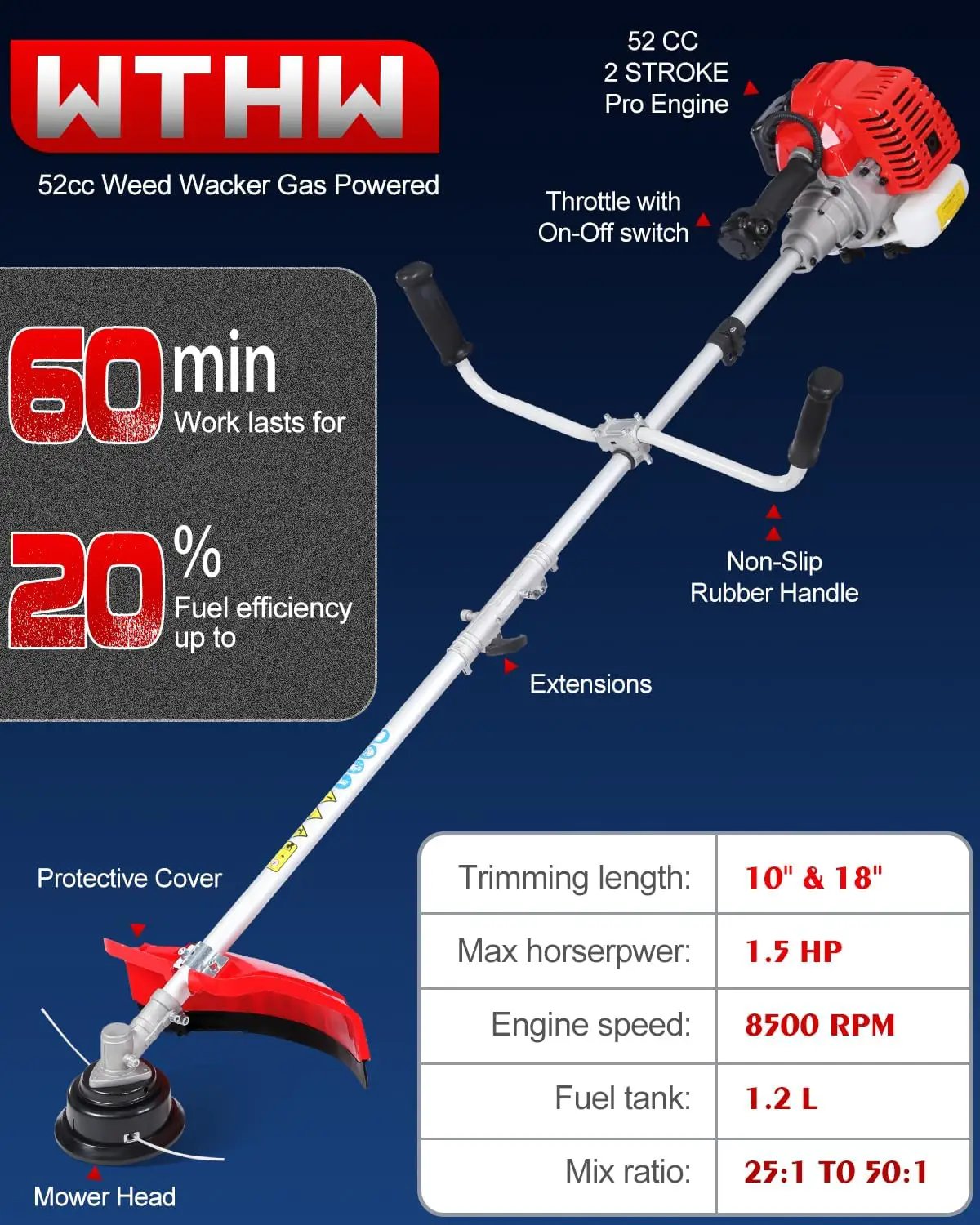 52cc Gas Powered Weed Eater and Brush Cutter 3-in-1, Heavy Duty Straight Shaft String Trimmer with Harness and 2 Heads for Tough Weeds, Grass, and Land Clearing (PT6082) by GreenHaven Gardens