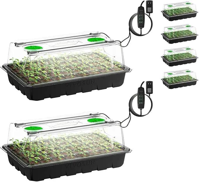 VIVOSUN 6-Pack Seed Starter Trays, 240-Cell Seed Starter Kit with 2 Set of LED Lights, 3.6" Higher Cover, Adjustable Vents, Drainage Holes, Green Propagation Tray for Planting Seed, 40 Cells x 6 Packs by GreenHaven Gardens