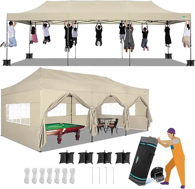 COBIZI 10x30 Heavy Duty Pop up Canopy with 8 sidewalls Stable Wedding Outdoor Tents for Parties Canopy Pop Up Party Tent UPF 50+ Waterproof Commercial Gazebo with Roller Bag, Khaki(Windproof Upgraded) by GreenHaven Gardens