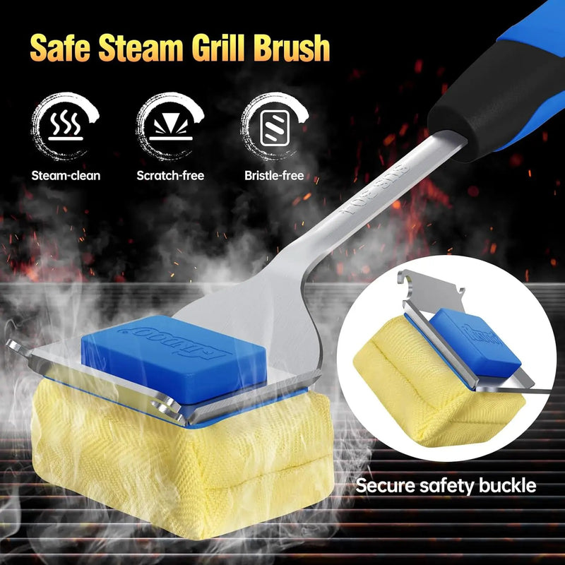 Grill Brush Bristle Free for Outdoor Grill, Steam Grill Cleaning Brush Replaceable BBQ Cleaner Brush Head,Extended Handle, Safe Grill Brush with Scraper for Cast Iron Stainless-Steel Grates, Blue by GreenHaven Gardens