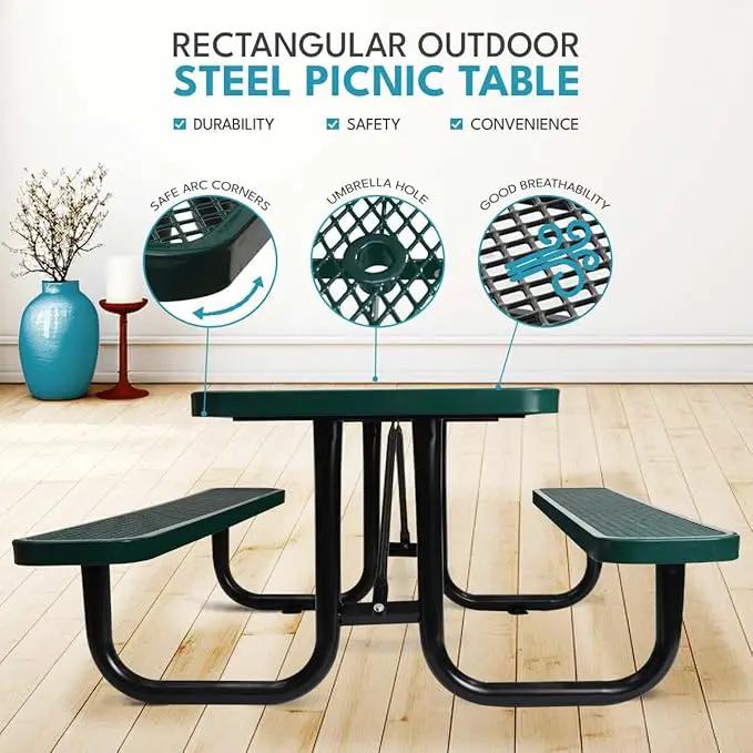6 ft. Rectangular Outdoor Steel Picnic Table with Umbrella Pole, Heavy-Duty Weather-Resistant Dining Table for Patio, Backyard, and Garden, Rust-Resistant Finish, Green by GreenHaven Gardens