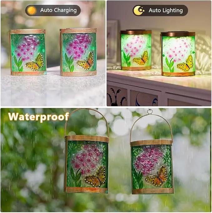 Starsoul 2 Pack Hanging Solar Lantern Outdoor Waterproof Glass Butterfly and Flowers Decorative Solar Lights for Outside Garden Yard Table Patio Decor by GreenHaven Gardens