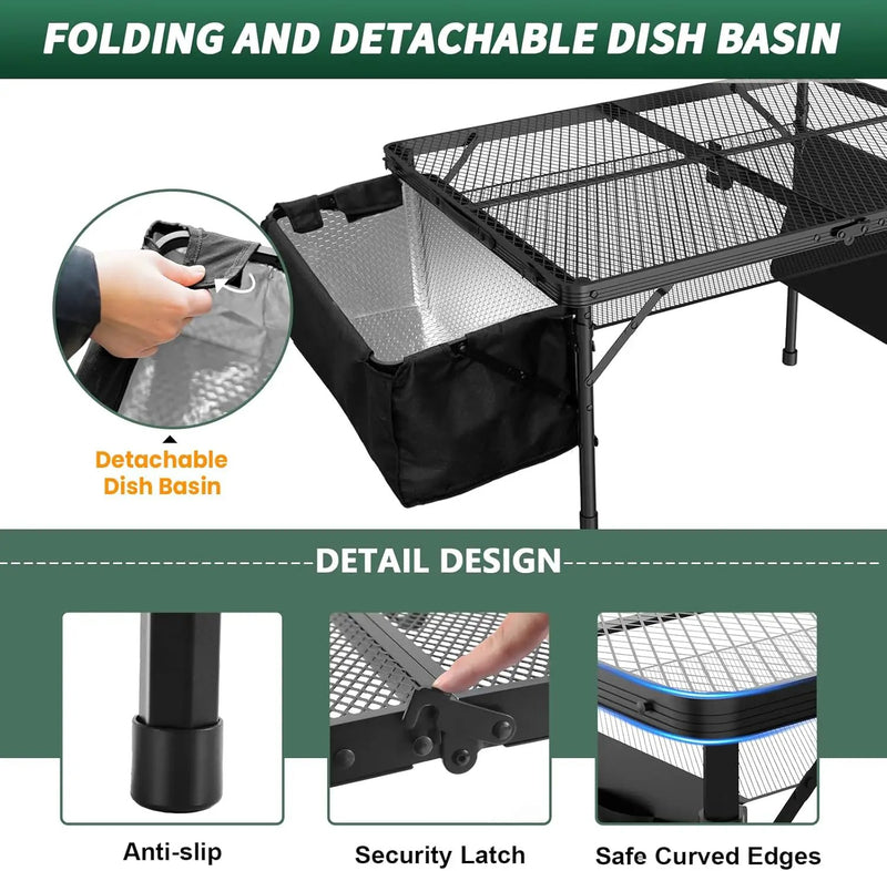 Portable Folding Grill Table with Sink for Outdoor, Lightweight Aluminum Frame Folding Grill Stand Picnic Table Camping Cooking BBQ, RV Picnic,2 Heights Adjustable(Black) by GreenHaven Gardens