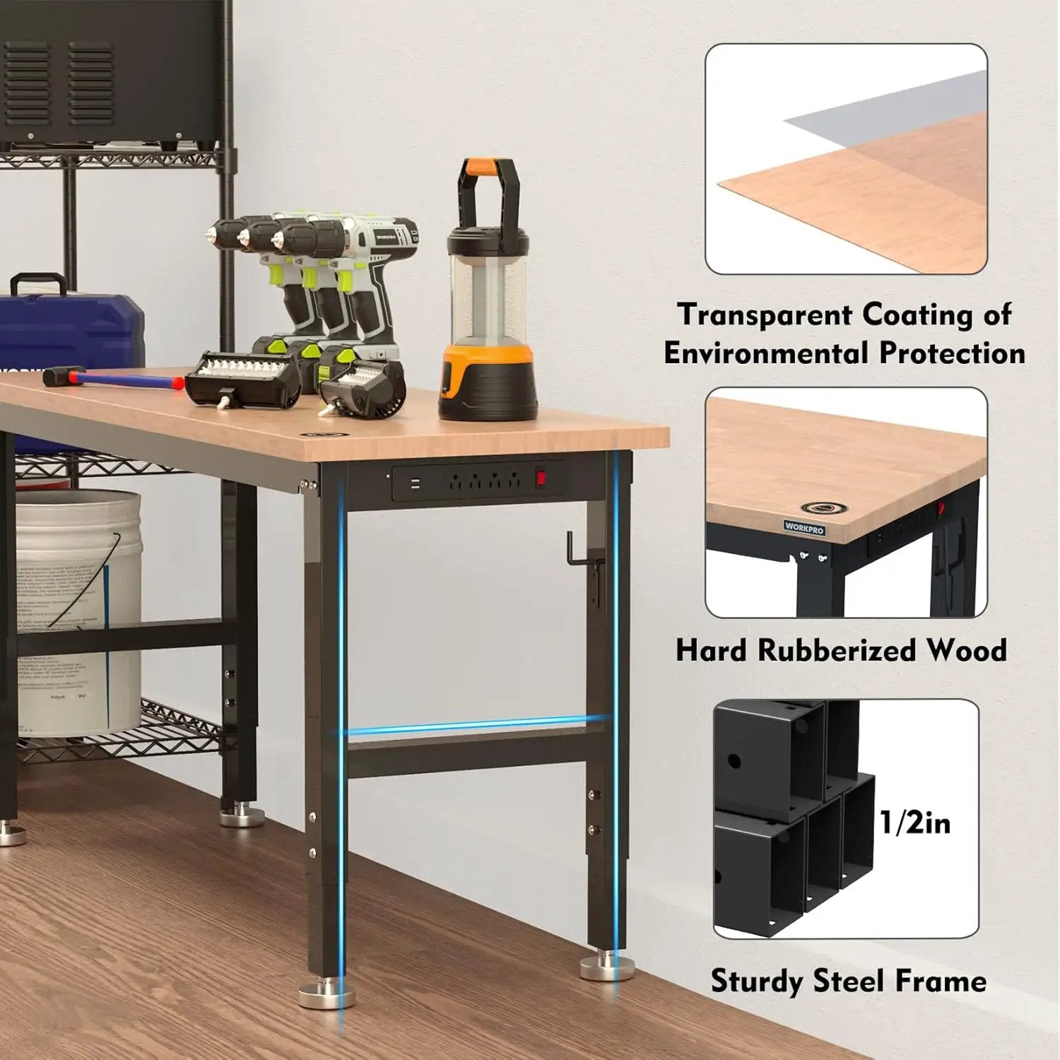 WORKPRO 60" Adjustable Workbench, Rubber Wood Top Heavy-Duty Workstation, 2000 LBS Load Capacity Hardwood Worktable with Power Outlets, for Workshop, Garage, Pack of 2 by GreenHaven Gardens