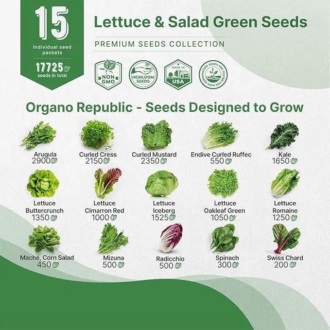 Organo Republic 15 Lettuce & Salad Greens Seeds Variety Pack 17700+ Non-GMO Heirloom Lettuce Seeds for Indoors & Outdoors Garden, Hydroponics, Aerogarden - Arugula, Kale, Spinach, Swiss Chard, Lettuce by GreenHaven Gardens