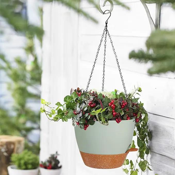 10/9/8 Inch Hanging Planter for Indoor Outdoor Plants, 3 Pack Self-Watering Hanging Pot with Drainage Holes Hanging Planter Baskets Plant Pots with Removable Tray (Green+Brown) by GreenHaven Gardens