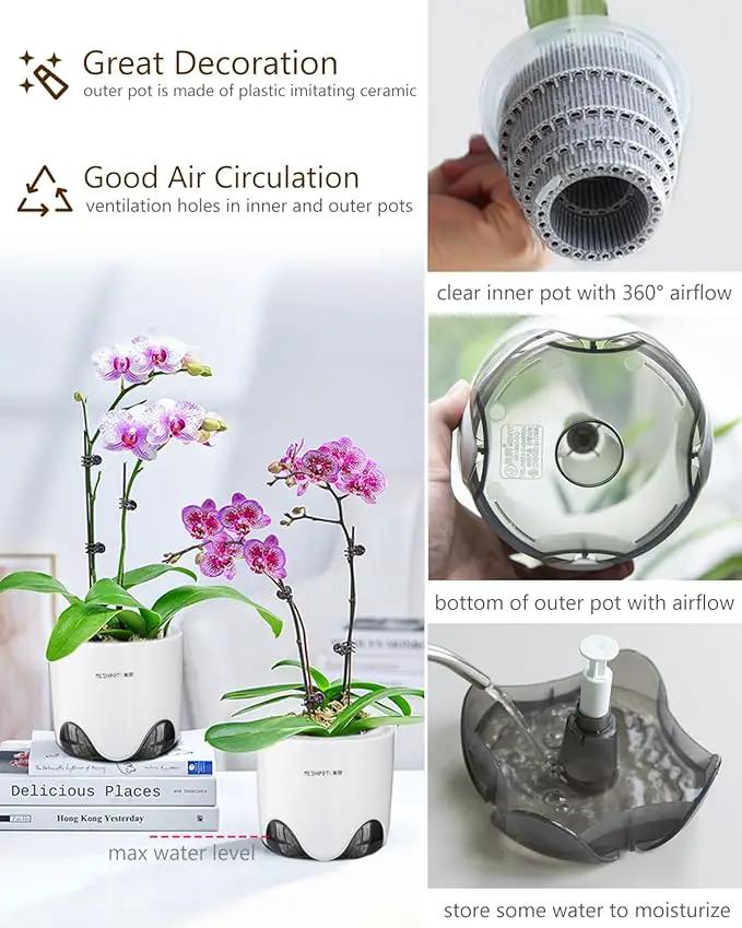 6 inch Orchid Pots with Holes for Repotting with Excellent Airflow, Set of 2, Double Layer Plastic Imitate Ceramic Orchid Planter, Clear Orchid Pot Match Decorative Orchid Container by GreenHaven Gardens