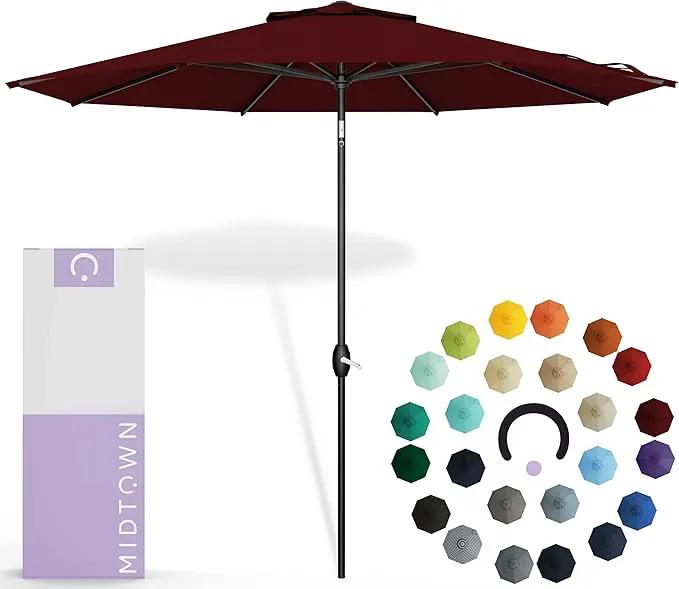 Midtown Umbrellas Sunbrella Umbrella 9 Feet Outdoor Umbrella With Burgundy Acrylic Fabric - Auto-Tilt Aluminum Frame Patio Umbrella For Backyard, Deck, Garden, Pool - Black Pole by GreenHaven Gardens