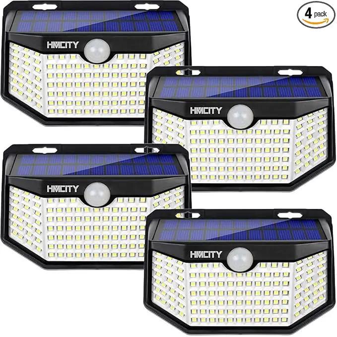 HMCITY Solar Lights Outdoor 120 LED with Reflector and 3 Lighting Modes,Motion Sensor Wall Lights, IP65 Waterproof Solar Powered Wall Lights for Garden Deck Lights (Back Button 4Packs, Daylight White) by GreenHaven Gardens