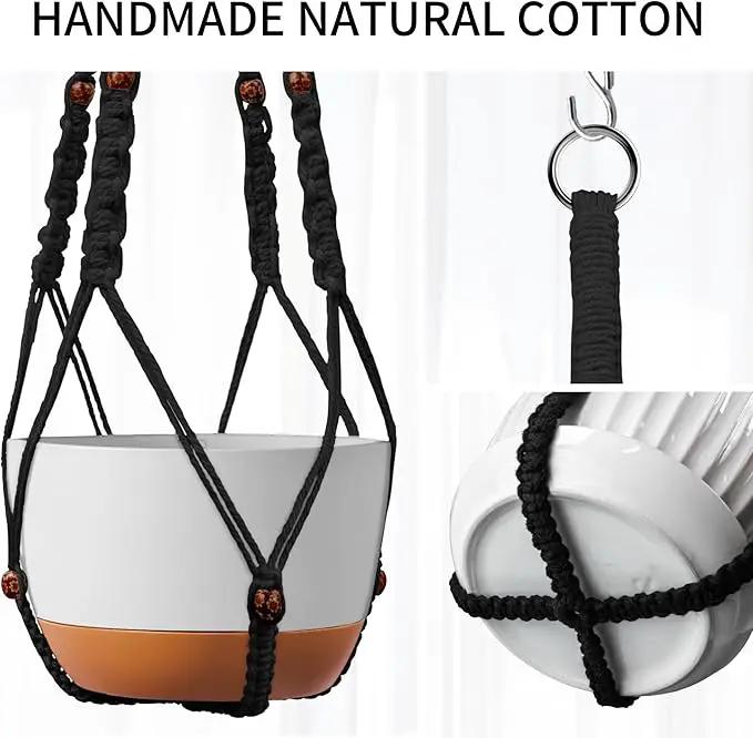 43 Inch Macrame Plant Hanger - Fits 6-15 Inch Pots, Extra Long Hanging Planter Holder for Indoor Outdoor, with Red Wood Beads, Boho Home Decor, 2 Pack, Black (POTS NOT Included) by GreenHaven Gardens