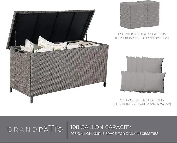 Grand patio 108 Gallon Deck Storage Box Indoor Outdoor Wicker Bin for Patio Furniture Cushions Garden Tools Pool Accessories, Greige by GreenHaven Gardens
