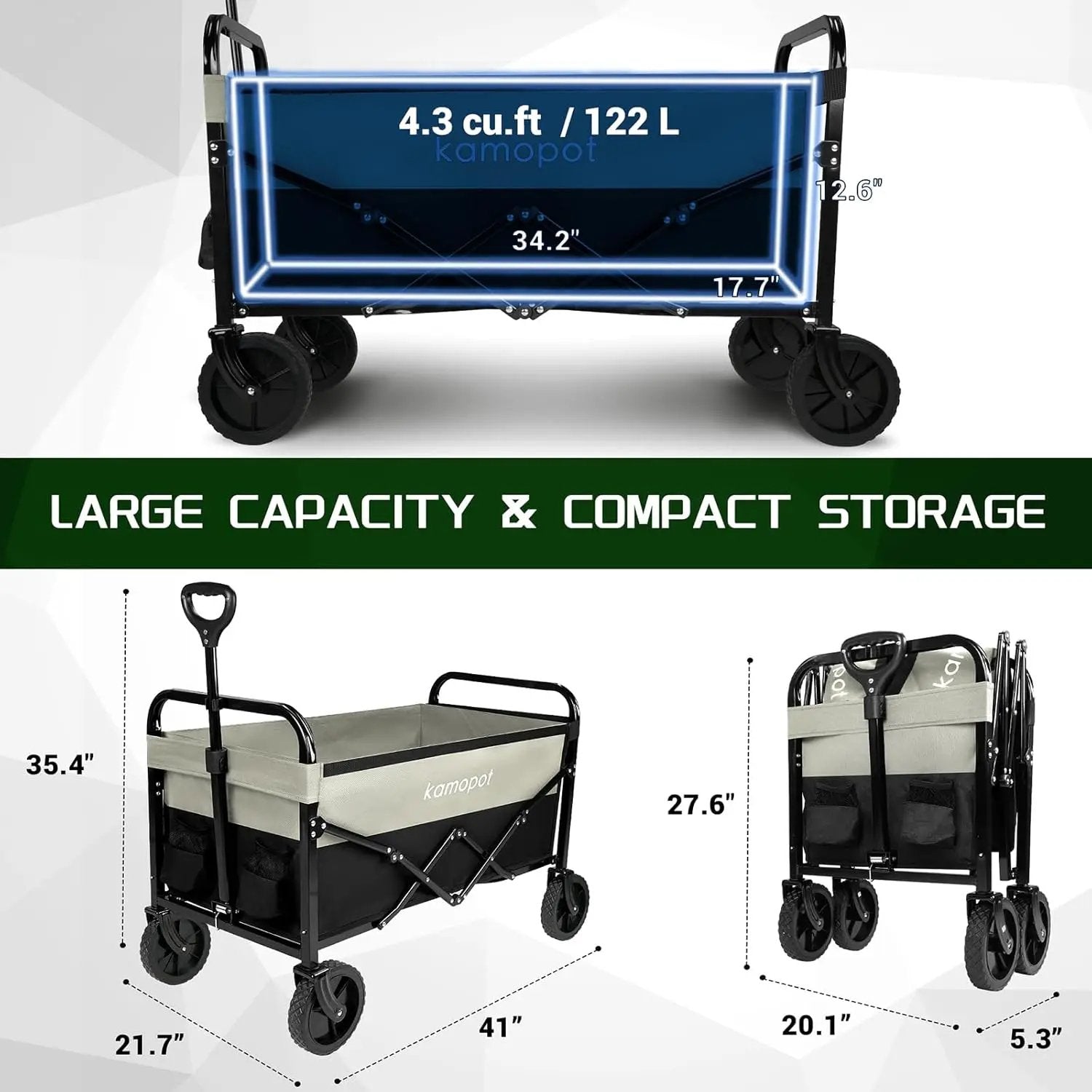 Large Collapsible Wagon Foldable for Grocery, Beach, Park, Yard, 34 x 18 Inch Inner Storage. Folding Utility Shopping Cart on Wheels. Heavy Duty, Durable w/Cupholders (Black-Gray) by GreenHaven Gardens