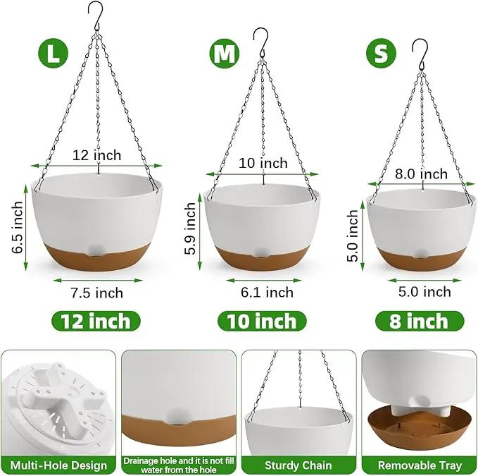 12/10/8 Inch Hanging Planter, Hanging Plastic Plant Self Watering Pot with Drainage Holes and Saucers, Hanging Baskets Flower Pots for Indoor Outdoor Garden Plants and Flowers,Set of 3-White by GreenHaven Gardens