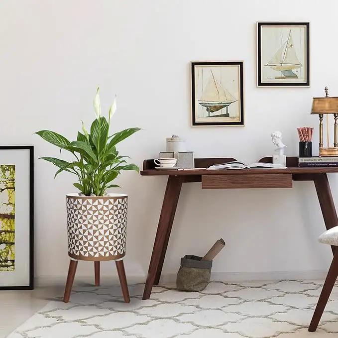 10 Inches Plant Pots with Wood Stand Large Modern Standing Planters for Indoor Mid Century Flower Pot with Drainage Holes Big White & Gold Planters for Living Room, Office, Garden or Balcony by GreenHaven Gardens