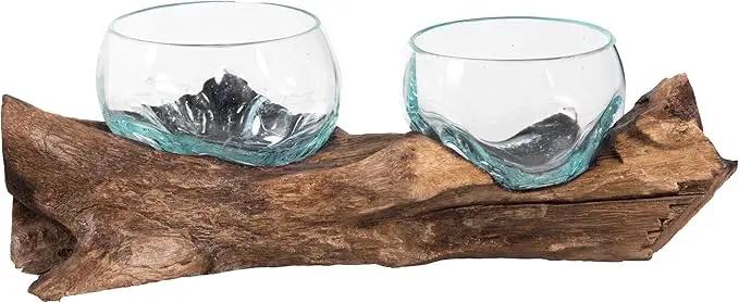 Cape Craftsmen Set of 2 Terrariums | Hand-Blown Blue Tinted Bubble Glass On Natural Teak Driftwood Terrarium | Home Décor Indoor Planter with Stand | Pot for Succulent and Plants by GreenHaven Gardens