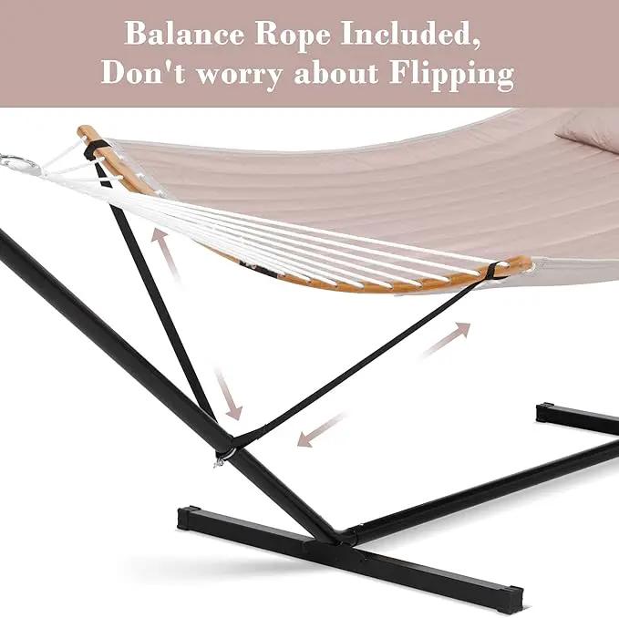 SUNCREAT 55 Inch Large Double Hammock with Stand, 450lbs Capacity, Outdoor Portable Hammock with Curved Spreader Bar, Extra Large Pillow, Tan by GreenHaven Gardens
