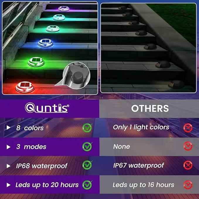 Quntis RGB Solar Deck Lights 2 Pack, 11 Lighting Modes Solar Driveway Lights Outdoor Waterproof IP68, Step Light for Outside, Deck Light Solar Powered for Stair Pathway Walkway by GreenHaven Gardens
