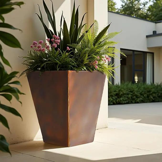 Worth Garden 14" Dia x 18" H Large Metal Floor Planter Set of 2, Matte Bronze Retro Finish Tall Square Tapered Steel Plant Pots, Decor Flower Pot Indoor & Outdoor, Drainage Hole by GreenHaven Gardens