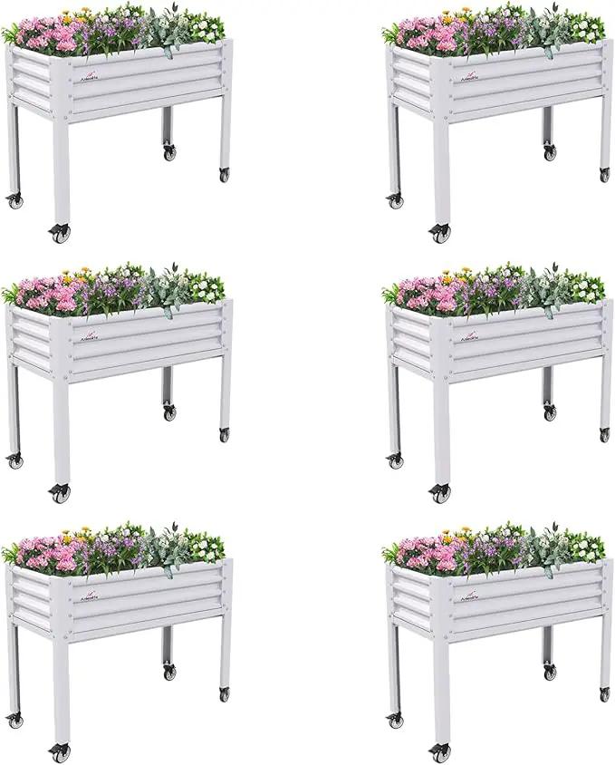 A ANLEOLIFE 6-Set Galvanized Raised Garden Bed with Legs,48x24x35in Large Elevated Planter Box on Wheels with Drainage Holes for Backyard, Balcony, Patio, 600lb Capacity, Antique White by GreenHaven Gardens