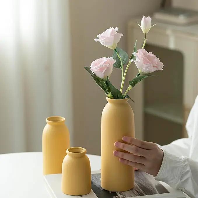 Ceramic Vase Set-3, Small Flower Vases for Decor, Modern Boho Farmhouse Style, Decorative Vases for Pampas Grass & Dried Flowers, Distressed Finish (Yellow) by GreenHaven Gardens
