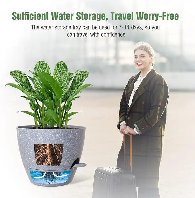 WOUSIWER 10 inch Self Watering Planters, 2 Pack Large Plastic Plant Pots with Deep Reservior and High Drainage Holes for Indoor Outdoor Plants and Flowers, Speckled Grey by GreenHaven Gardens
