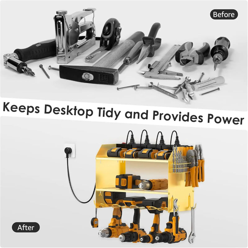 CCCEI Modular Power Tool Organizer Wall Mount with Charging Station. Garage 4 Drill Storage Shelf with Hooks, Drill Bit Heavy Duty Rack, Gold Tool Battery Holder Built in 8 Outlet Power Strip. by GreenHaven Gardens