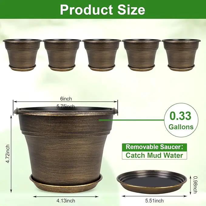 Plant Planters Pots Set of 6 Pack 6 Inch, Plastic Flower Pot for Indoor Plants with Drainage Holes & Trays, Resin Decorative Container Sets with Saucer for House Outdoor Garden Planters Dark Gold by GreenHaven Gardens