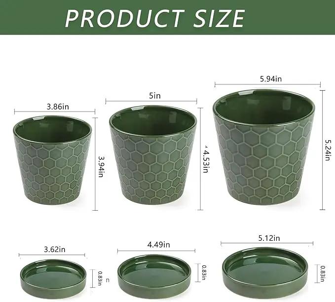 Ceramic Plant Pots,4+5+6 Inch Pots for Indoor Plants,Planters with Drainage Holes and Ceramic Tray, Indoor Flower Pots Gardening Home Desktop Office Windowsill Decoration Gift,Set of 3 (Patina) by GreenHaven Gardens