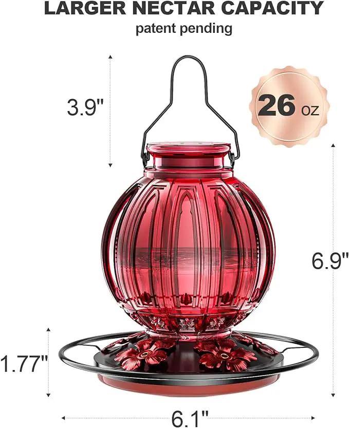 Glass Hummingbird Feeder for Outdoors Hanging, 26Oz Bird Nectar Feeder with Perch & 5 Flower Feeding Ports, Leak Proof for Outside Garden Decor Backyard, Gifts for Women Mom, Red by GreenHaven Gardens