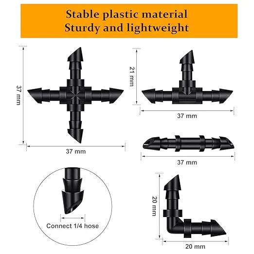 200 Pieces Drip Irrigation Fittings Kit for 1/4 Inch Tubing, 50 Straight Barbs, 50 Tees, 50 Elbows, 50 4-Way Couplings, Barbed Connectors with Plastic Box for Garden Lawn Drip, Sprinkler Systems,Black by GreenHaven Gardens