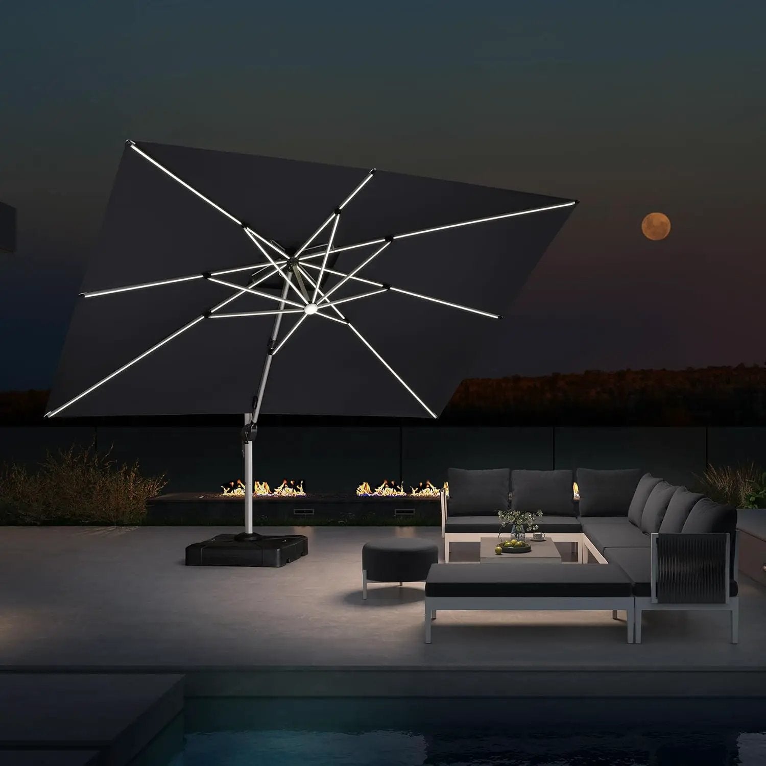 PURPLE LEAF 10' X 13' Double Top Deluxe Solar Powered LED Rectangle Patio Umbrella Offset Hanging Umbrella Outdoor Cantilever Umbrella, Grey by GreenHaven Gardens