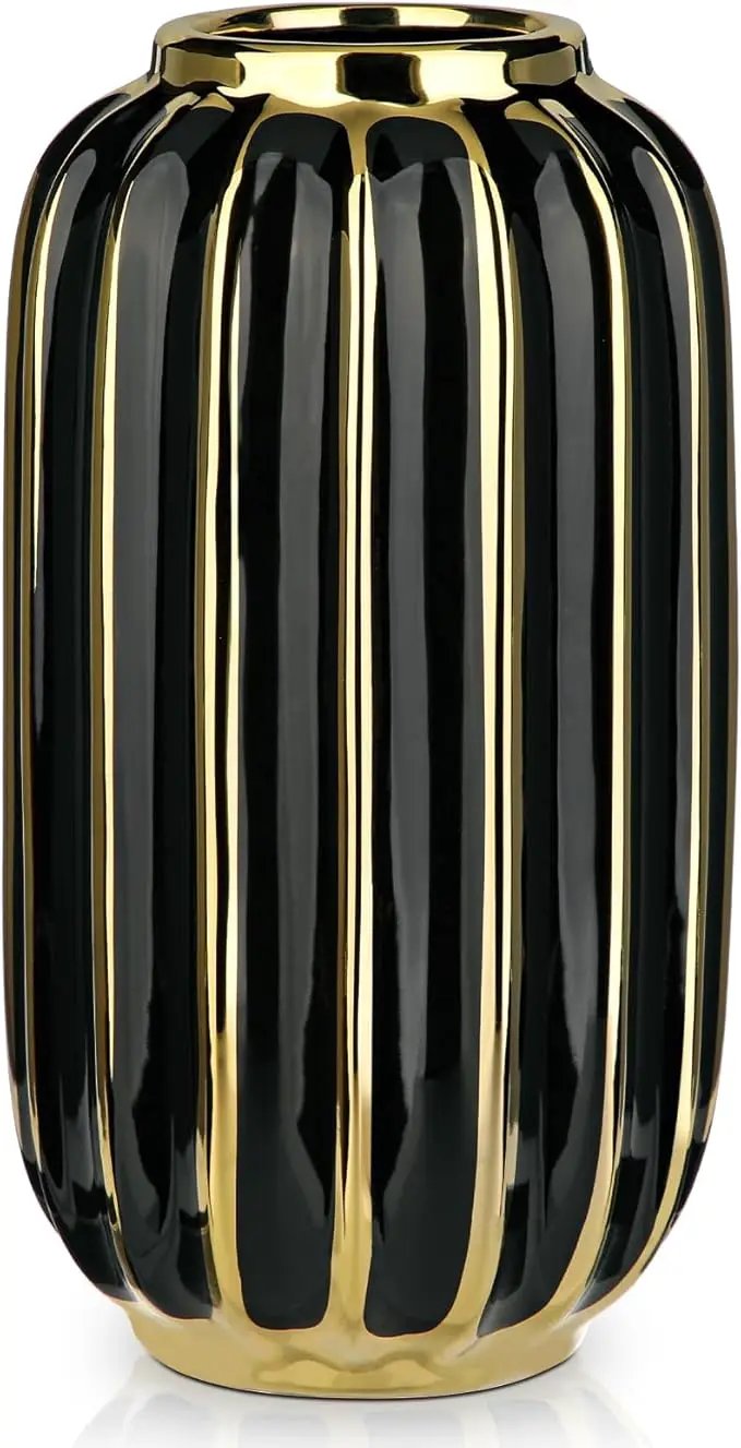 Briful Gold Plated Lantern Ceramic Vase Home Decor Creative Design Porcelain Decorative Flower Vase 11.02'' Black Ceramic Vases for Wedding Anniversary Decoration by GreenHaven Gardens