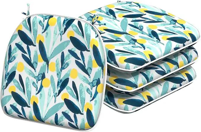 Indoor/Outdoor Chair Cushions 16x17 Inch, Patio Chair Cushions with Ties, All Weather Seat Cushions for Patio Furniture Home Garden Chair Use, Set of 4, Leaves Multi by GreenHaven Gardens