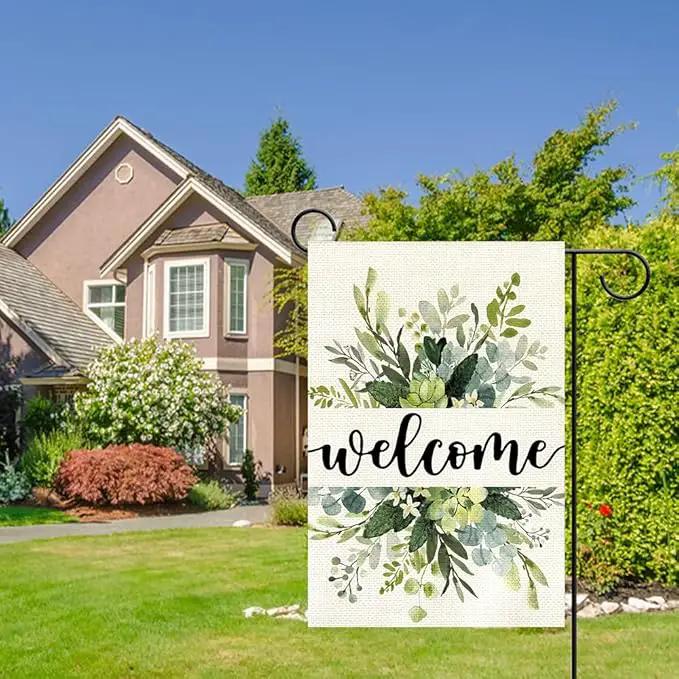 Spring Floral Welcome Garden Flag 12x18 Inch Double Sided Outside, Eucalyptus Seasonal Farmhouse Yard Outdoor Flag by GreenHaven Gardens