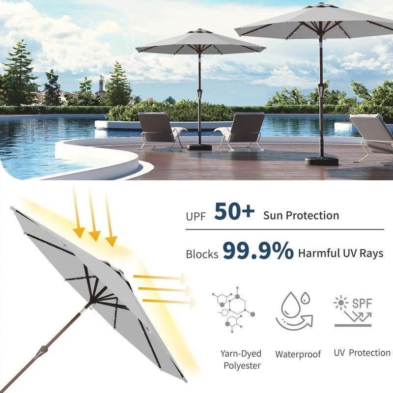9FT Solar Umbrella 32 LED Lighted Patio Umbrella Table Market Umbrella w/Tilt and Crank, UV-Resistant Outdoor Umbrella for Pool, Garden, Deck, Light Gray by GreenHaven Gardens