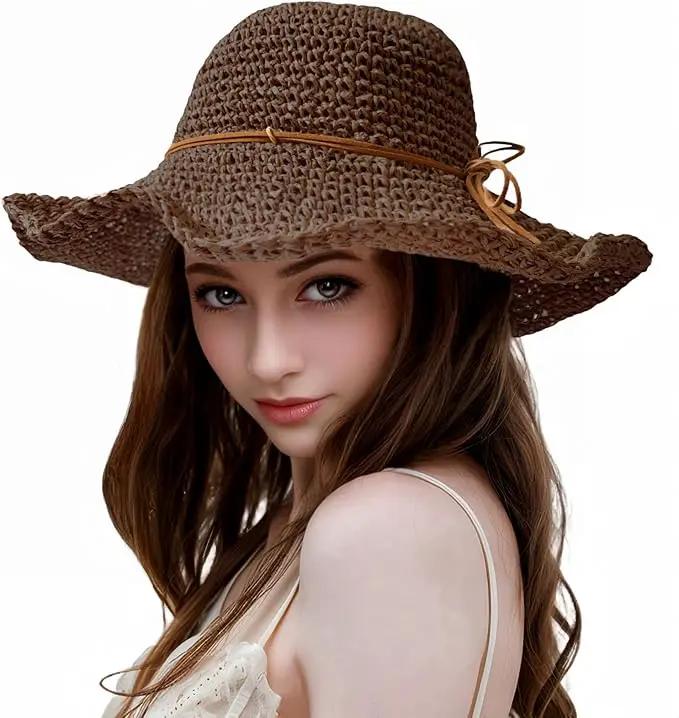 Womens Straw Beach Sun Hats, Foldable Packable Floppy Handmade Crochet Hats for Women,Large Summer Vacation Wide Brim Hat by GreenHaven Gardens