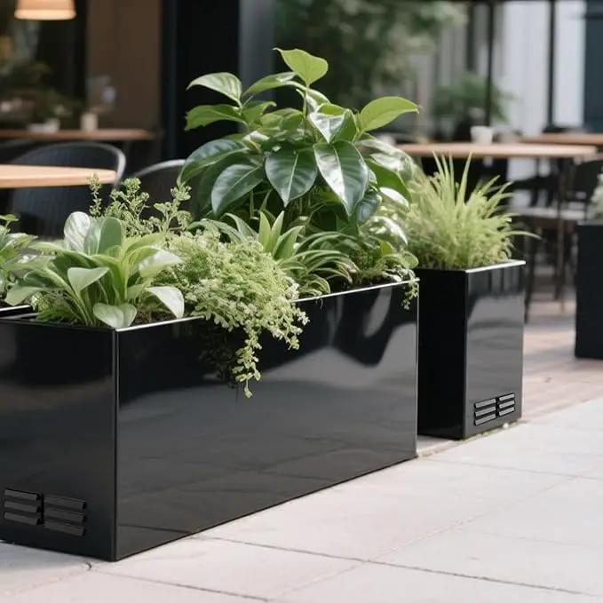 Worth Garden Metal Planter Box - 30" L x 11" W x 13" H Glossy Black Heavy Duty Large Rectangular Steel Modern Plant Pot, Indoor Outdoor - Insert Plate with Drain Holes, Air Vents, No Assembly Required by GreenHaven Gardens