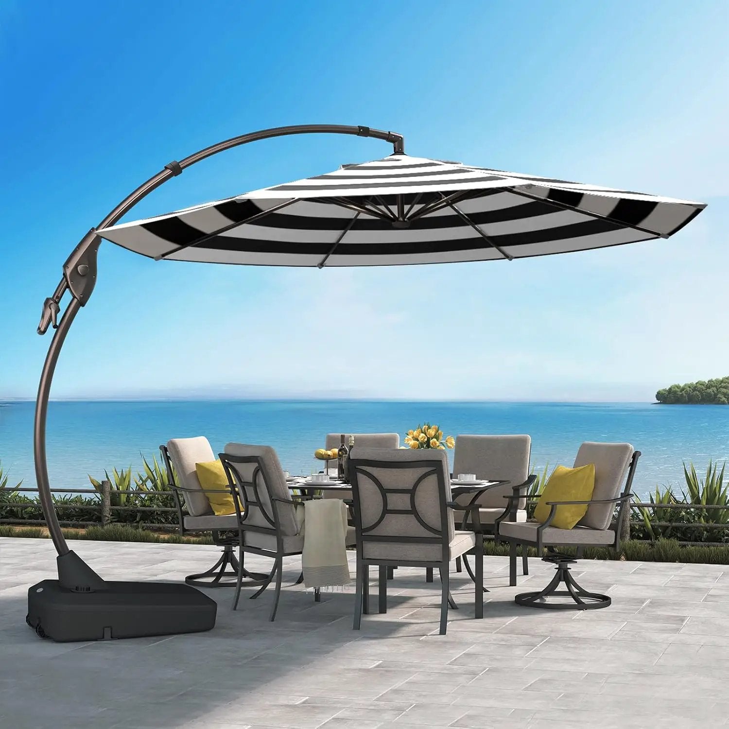 Grand patio 12FT Outdoor Round Offset Umbrella Large Patio Aluminum Cantilever Umbrella with Base for Garden Deck Poolside (Black & White, 12 FT) by GreenHaven Gardens